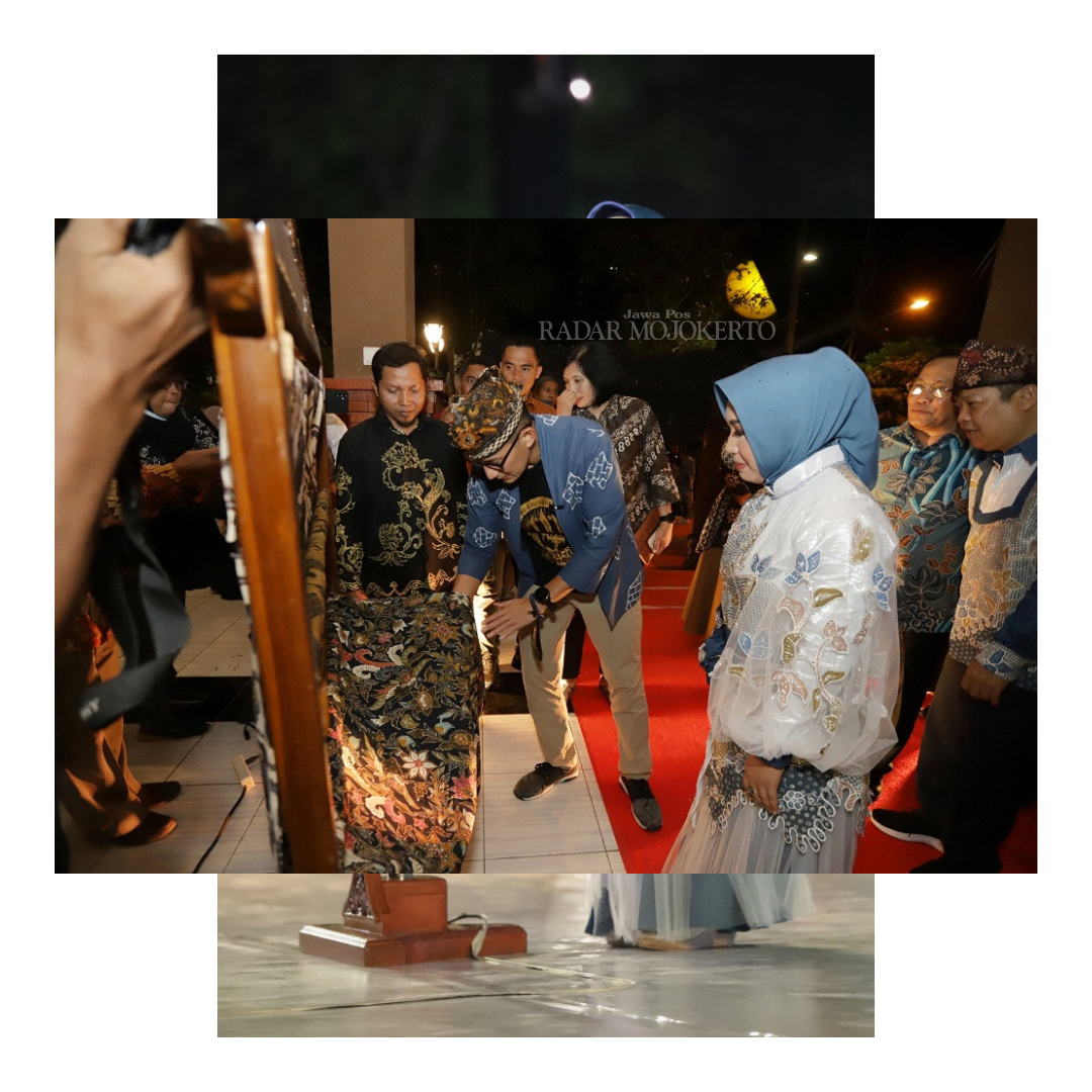 KONTEMPORER: Menparekraf Sandiaga Uno didampingi Wali Kota Mojokerto Ika Puspitasari saat meninjau karya batik di peseban Alun-Alun Wiraraja.
