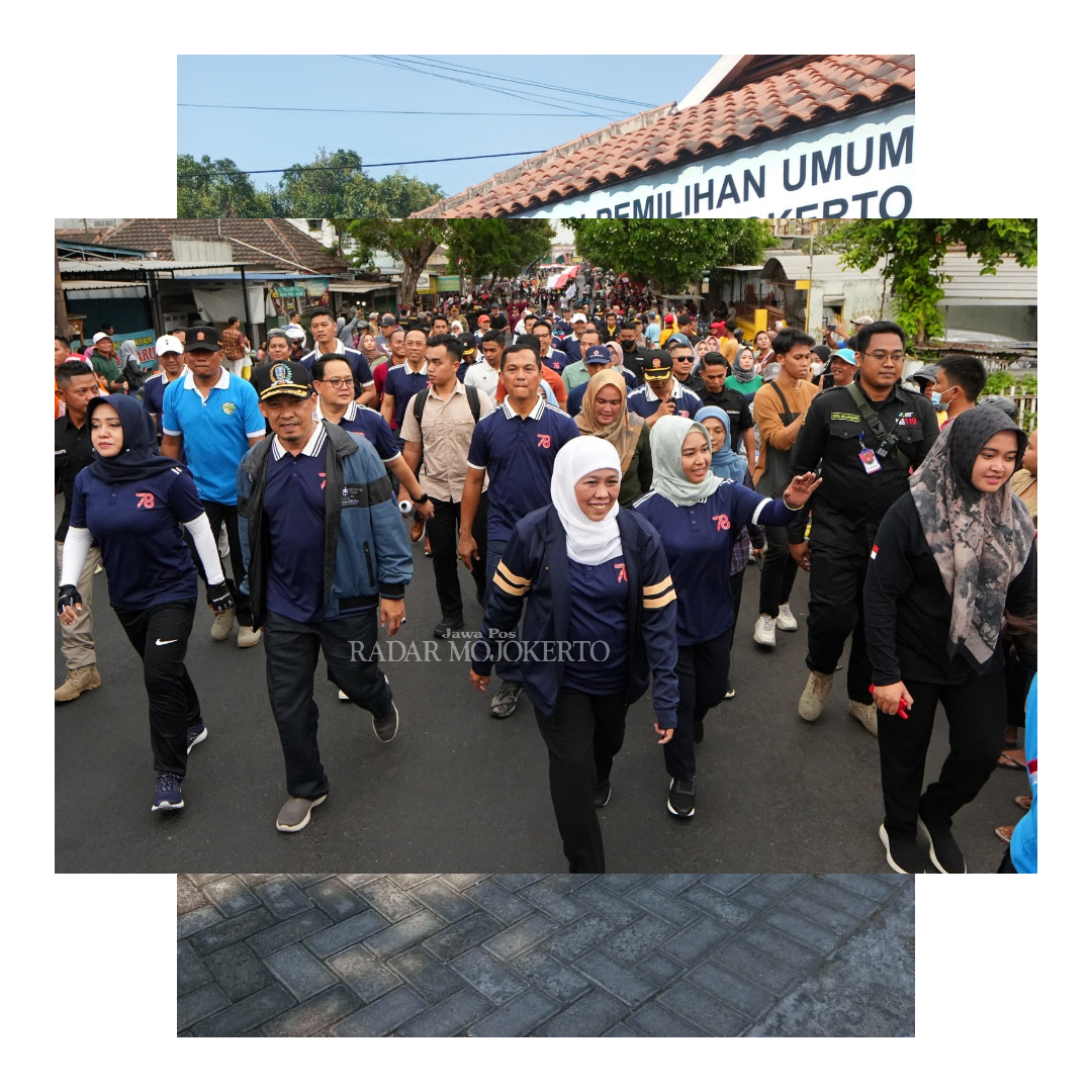 GERAK JALAN: Gubernur Jatim Khofifah Indar Parawansa, Wali Kota Ika Puspitasari bersama Bupati Ikfina Fahmawati dan jajaran forkopimda gerak jalan.
