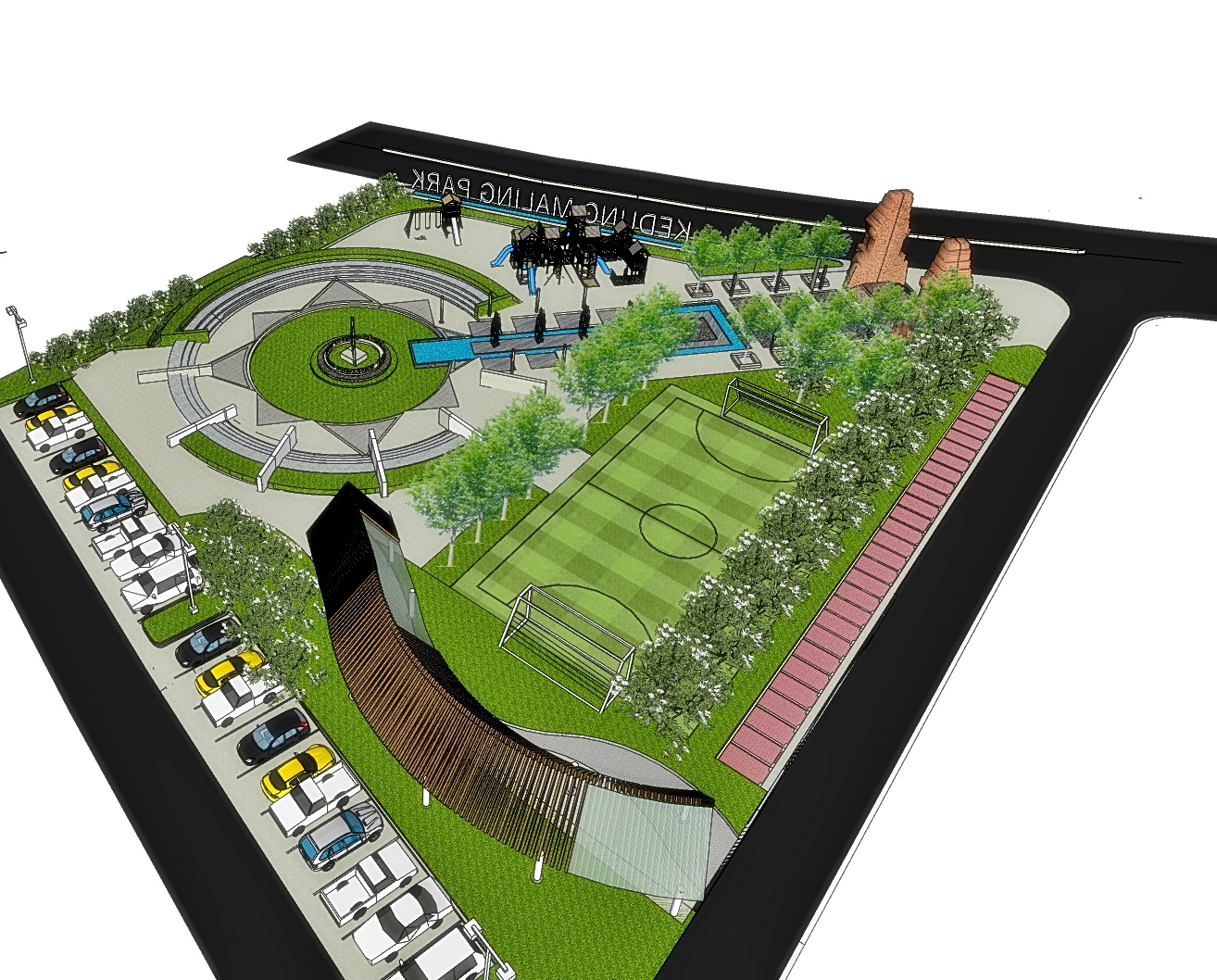DIMANFAATKAN: Desain perencanaan pembangunan RTH di eks Pasar Kedungmaling, Kecamatan Sooko.