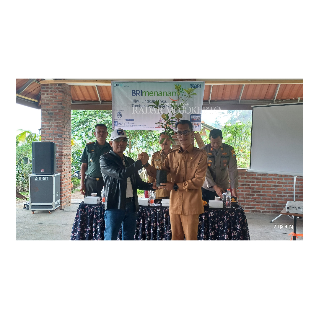 SIMBOLIS: Darwis Muhammad, Pemimpin BRI Cabang Mojokerto menyerahkan bantuan CSR bibit tanaman Sawo Jumbo kepada Zainul Arifin, SE Kepala Desa Ketapanrame.