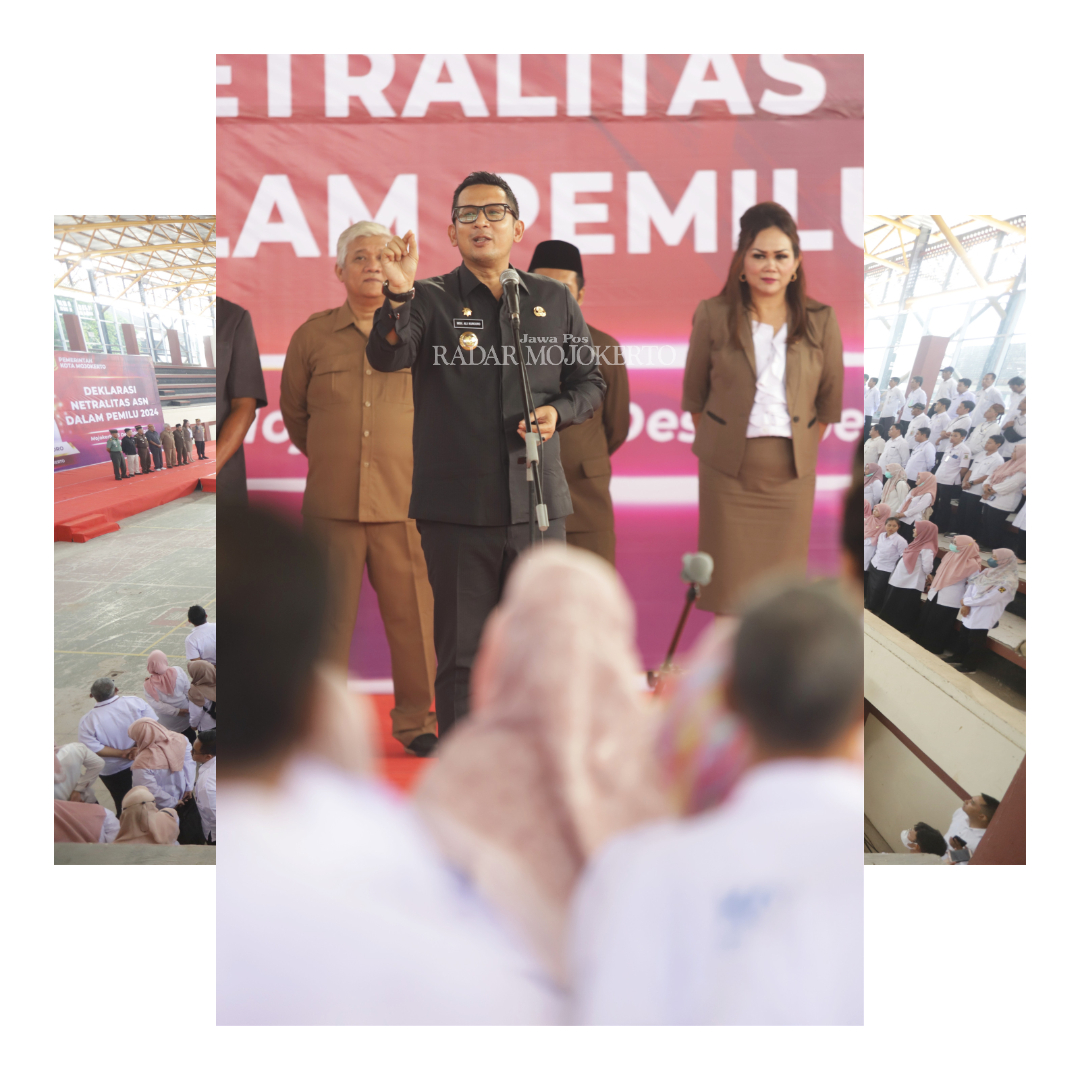 KOMITMEN: Pj Wali Kota Mojokerto Moh. Ali Kuncoro saat memimpin Deklarasi Netralitas ASN dalam Pemilu 2024 yang diikuti pegawai Pemkot Mojokerto di GOR dan Seni Mojopahit, Rabu (13/12).