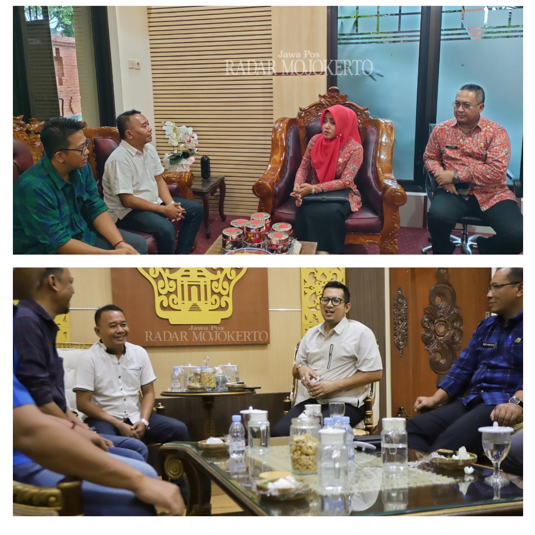 DUKUNG: Bupati Mojokerto Ikfina Fahmawati dan Pj Wali Kota Moh Ali Kuncoro menerima panitia Workshop Penulisan Siaran Pers dari Jawa Pos Radar Mojokerto.