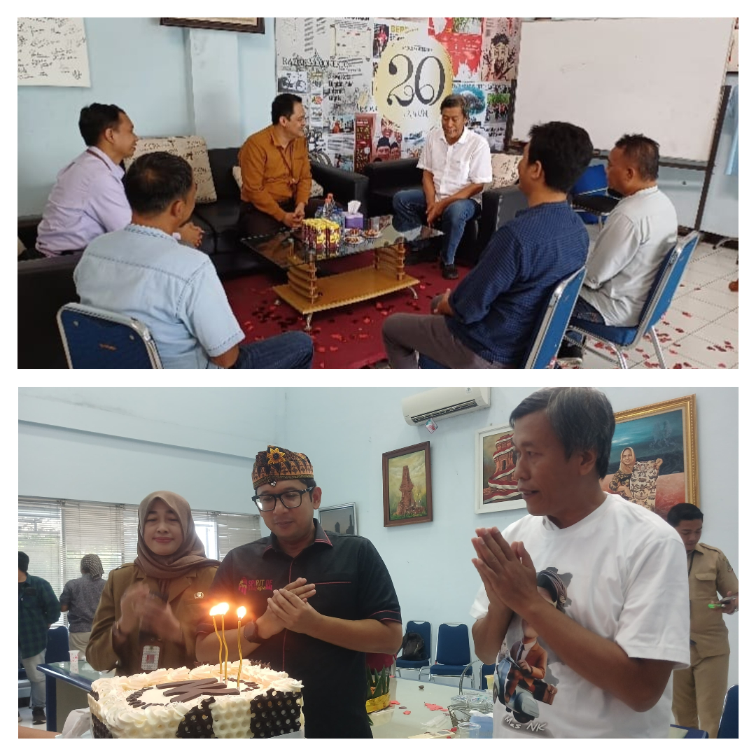 MITRA: Rombongan Bank Jatim Cabang Mojokerto dipimpin Krish Taufan F bersilaturahmi dengan manajemen JPRM pimpinan M. Nur Kholis. (foto bawah) Mas Pj, Moh Ali Kuncoro memberikan surprise.
