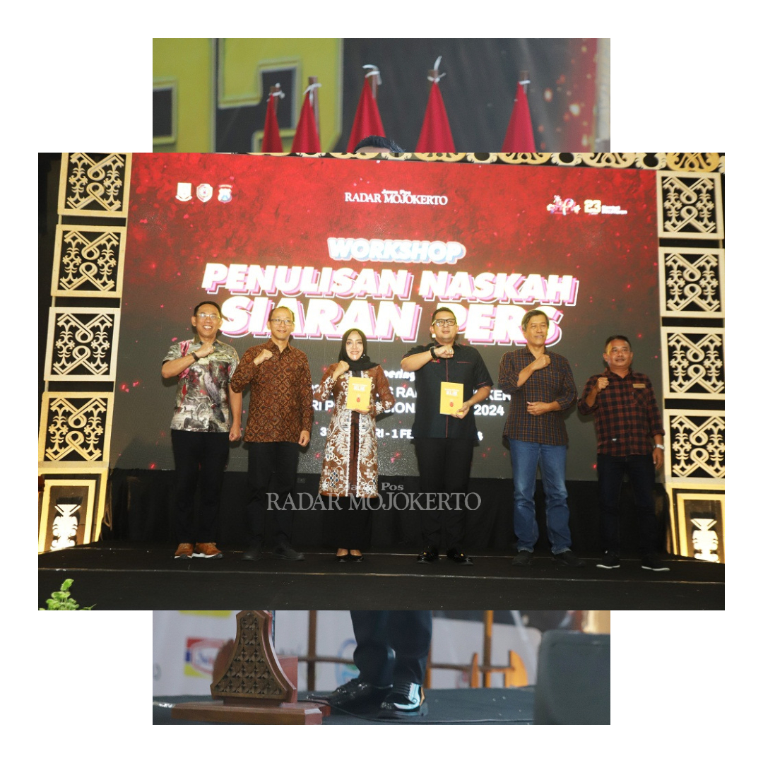 KOMPAK: Bupati Ikfina Fahmawati, Pj Wali Kota Moh. Ali Kuncoro, Direktur JPRM M. Nur Kholis, Ketua Dewan Pakar PWI Pusat, Agus Sudibyo dan GM JPRM Abi Muklisin.