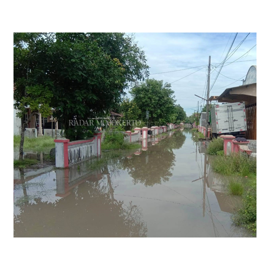 GENANGAN: Petugas BPBD mengecek ruas jalan Desa Jotangan, Kecamatan Mojosari, yang tergenang banjir, Senin (5/2).