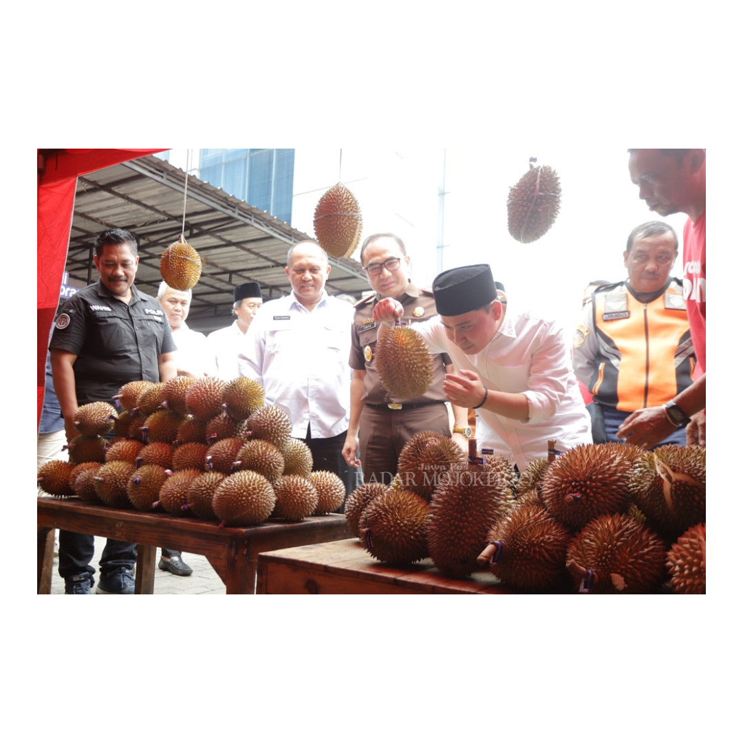 DURIAN KHAS: Wakil Bupati Mojokerto Muhammad Albarraa didampingi Kajari Kabupaten Mojokerto Endang Tirtana dan Sekdakab Mojokerto Teguh Gunarko memilih durian di Kantor JPRM.
