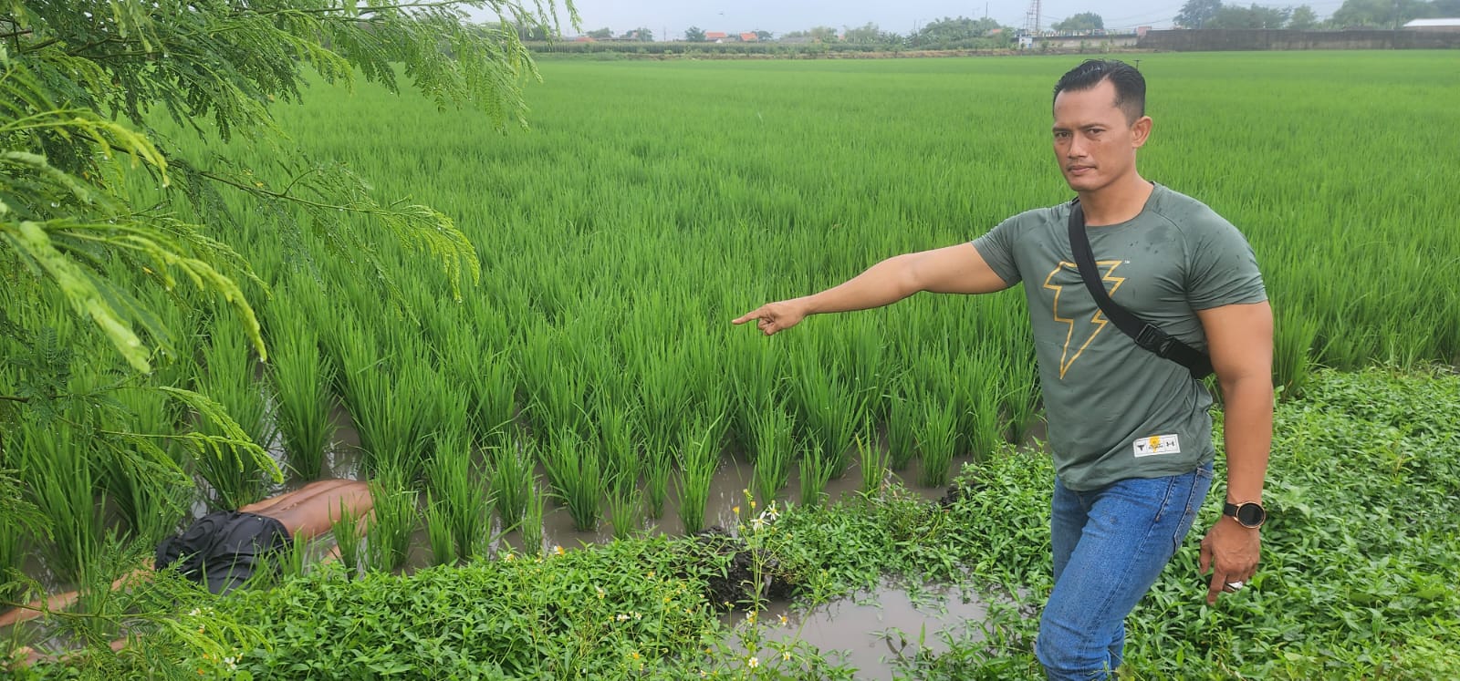 PENANGANAN: Petugas kepolisian menindak lanjuti laporan adanya seorang petani meninggal mendadak di persawahan Desa Sadartengah, Kecamatan Mojoanyar, Sabtu (17/2).
