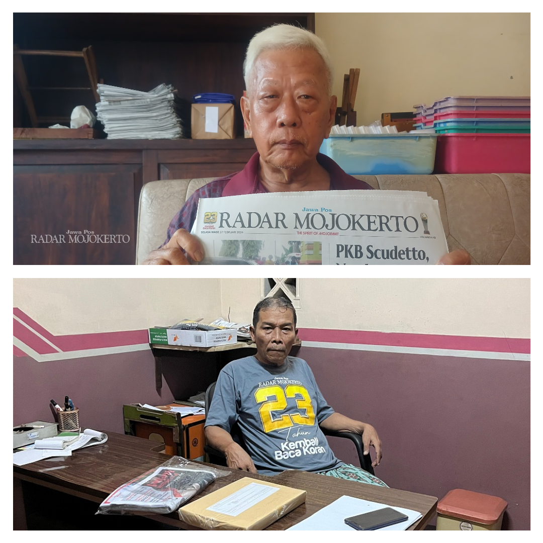 SETIA: Gunarto Effendi (atas), 71 berlangganan koran terbitan Jawa Pos sejak 1970-an sampai sekarang. Achmad Winarno, 65, salah satu agen koran Jawa Pos Radar Mojokerto terlama.