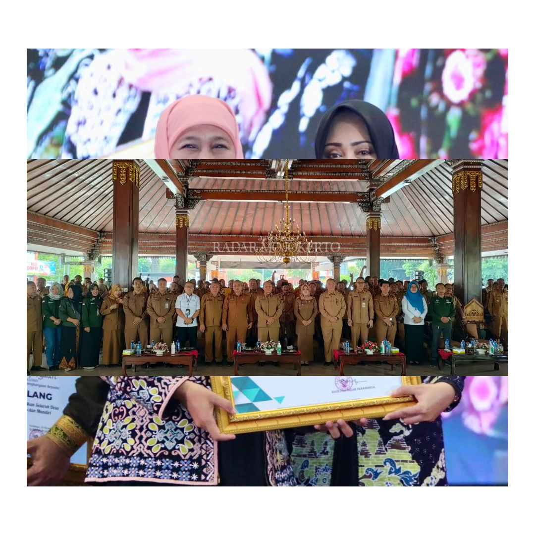 APRESIASI: Bupati Mojokerto Ikfina Fahmawati menyerahkan penghargaan predikat desa mandiri kepada 150 desa di Pendapa Graha Majatama, Senin 27 November 2023.