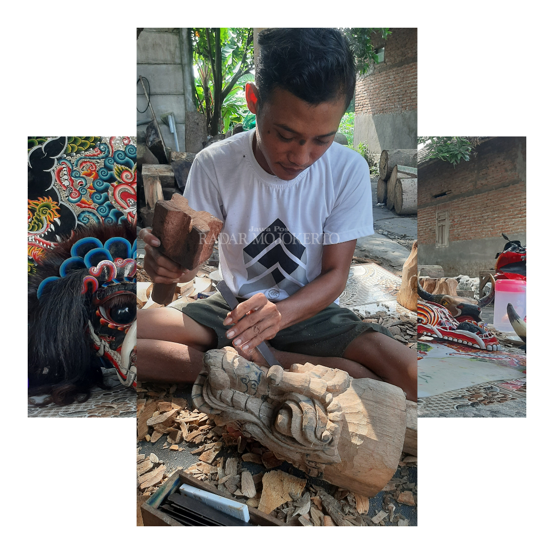 TELATEN: Ahmad Fauzan membuka usaha kerajinan kepala bantengan dan barongan, di Dusun Kedung Bendo RT02/RW02, Desa Gemekan, Kecamatan Sooko, Kabupaten Mojokerto, Kamis (7/3/2024).