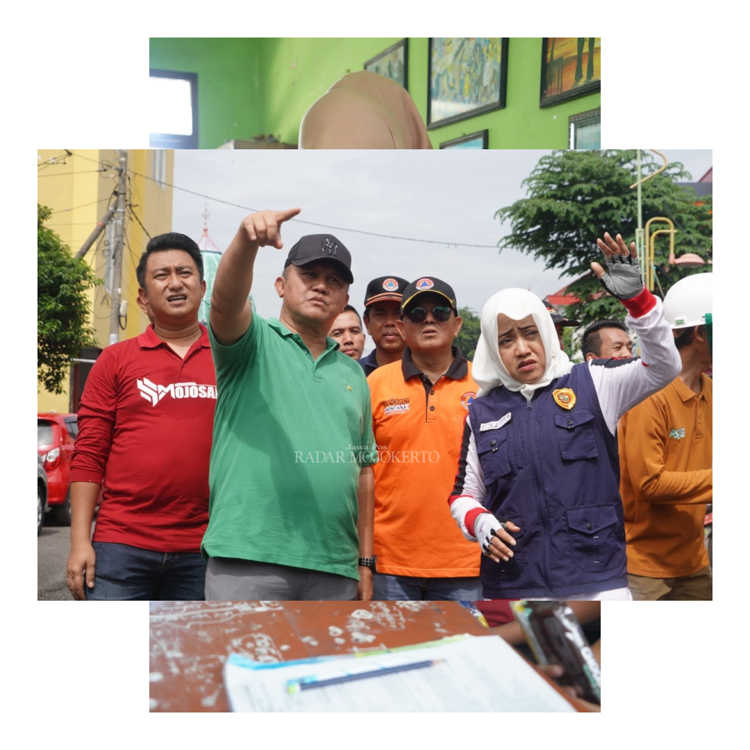GERAK CEPAT: Bupati Ikfina Fahmawati didampingi Sekdakab Teguh Gunarko meninjau bencana banjir di wilayah Pungging, beberapa waktu lalu.