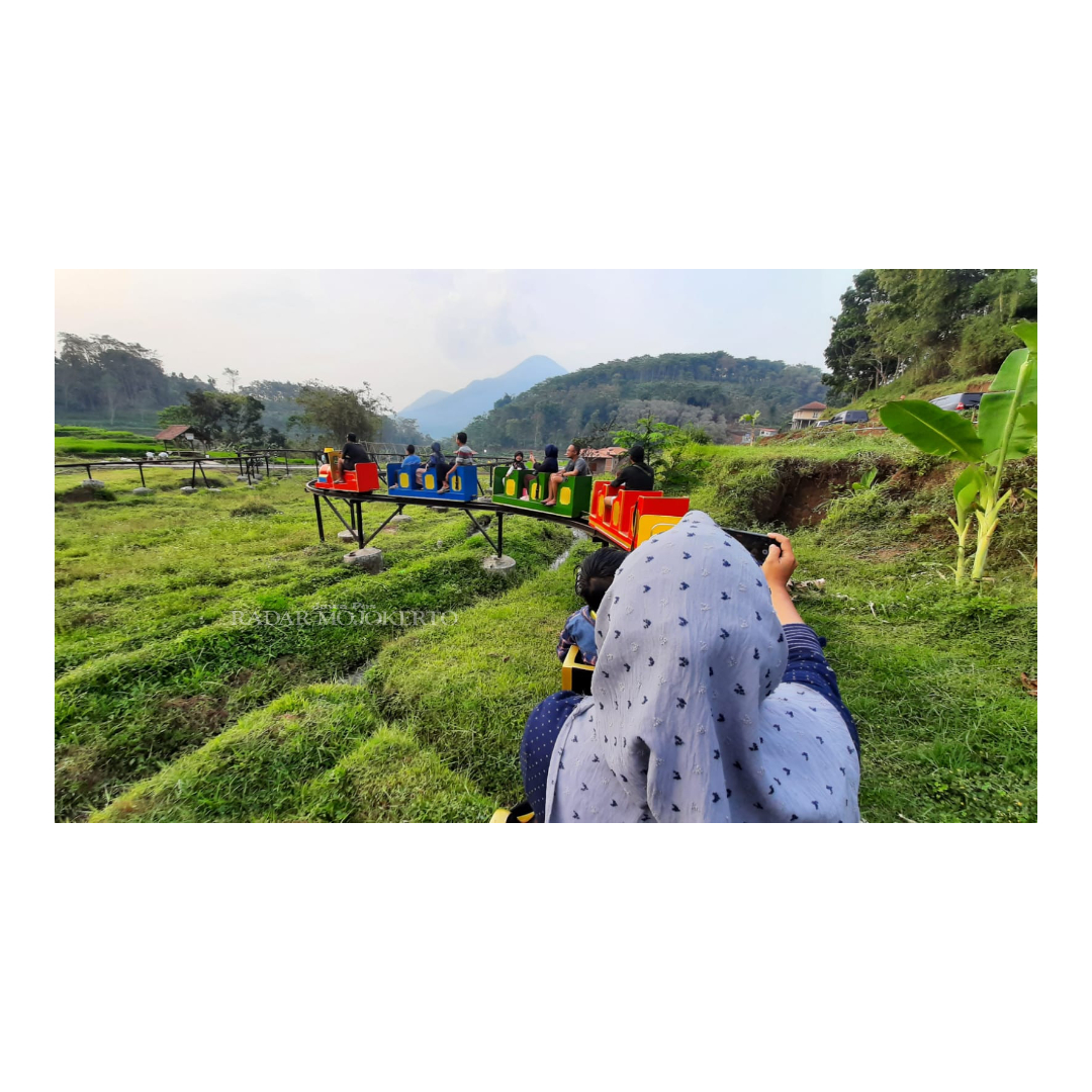 PERMAI: Wisatawan sedang menikmati wahana kereta sawah di Wisata Sawah Sumber Gempong, Desa Ketapanrame, Kecamatan Trawas, Kabupaten Mojokerto.