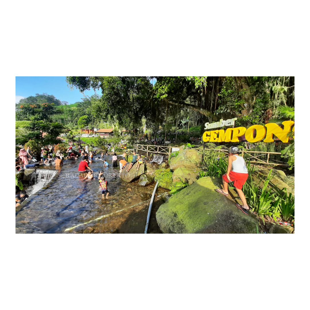 RAMAI: Wisatawan sedang terapi ikan dan berenang di kolam pemandian di Wisata Sawah Sumber Gempong, Desa Ketapanrame, Kecamatan Trawas, Kabupaten Mojokerto.