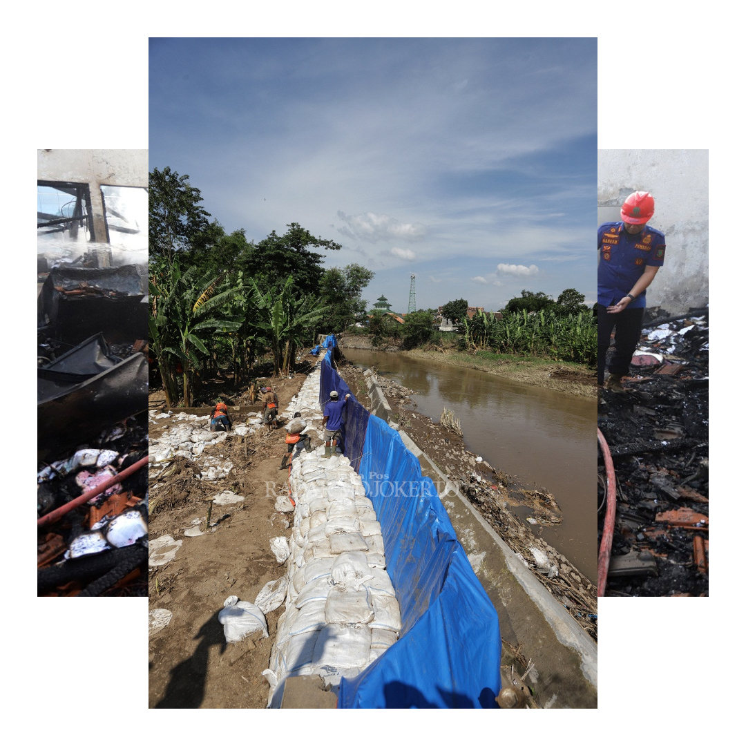 PENANGANAN CEPAT: Pekerja membangun tanggul sementara dari karung pasir dengan penahan gedek dan terpal di Desa Wringinrejo, Kecamatan Sooko, Kabupaten Mojokerto, beberapa hari lalu.