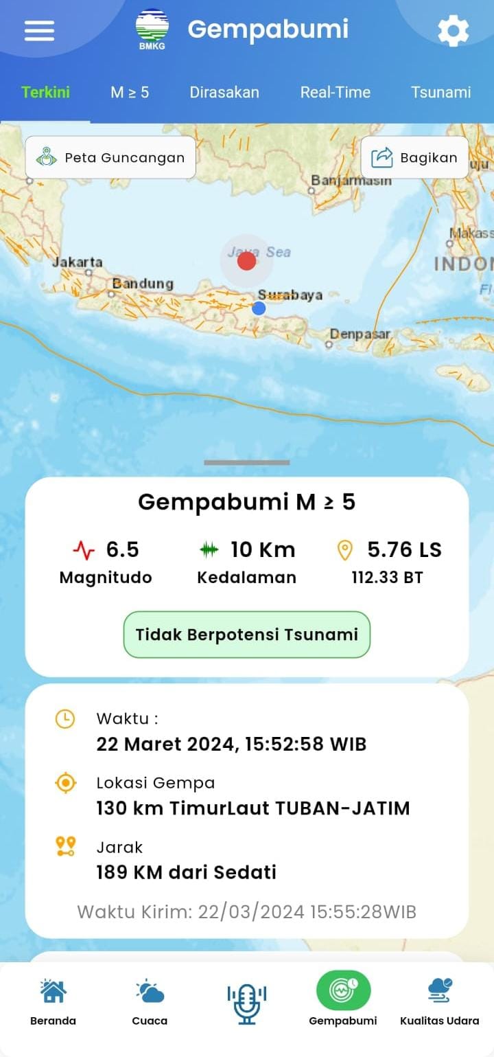 BERGETAR: Catatan gempa berpusat di wilayah Tuban.