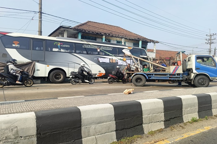 NYUNGSEP: Bus pariwisata nopol S 7067 UP celaka saat melintas di sekitar Simpang Tiga Lengkong, Desa Jambuwok, Kecamatan Trowulan, Kamis (23/5) pagi. (Satlantas Polres Mojokerto)