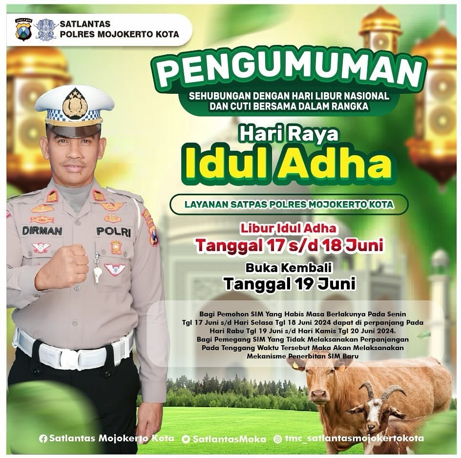 Satpas Polres Mojokerto Kota mengumumkan layanan libur selama Idul Adha.