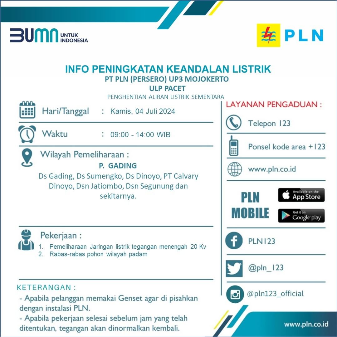 PLN akan memadamkan aliran listrik untuk pemeliharaan jaringan, pada Kamis (4/7).