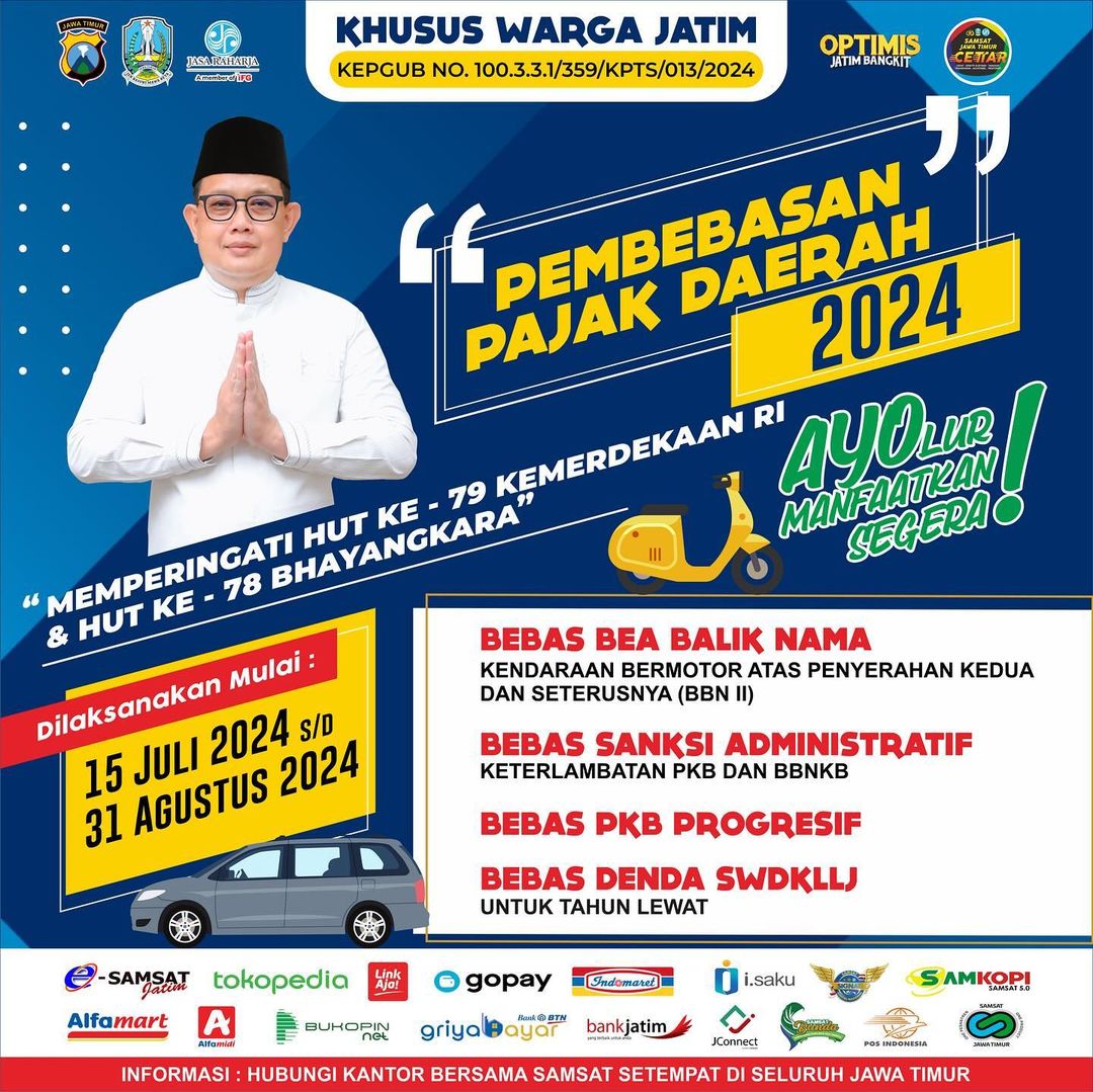 Pemprov Jatim telah mengumumkan pembebasan pajak daerah 2024