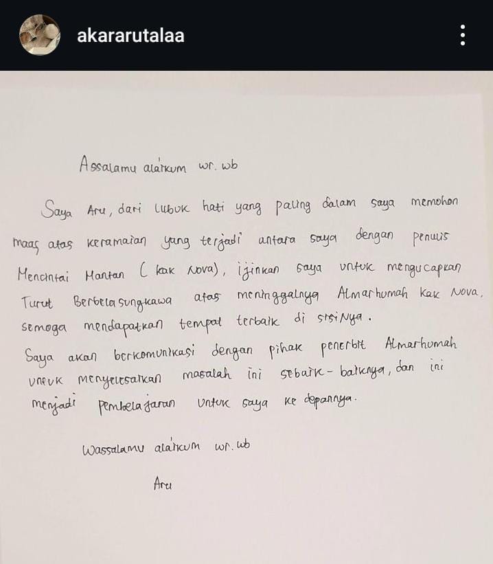 Permintaan maaf Aru di akun instagram pribadinya (IG/akararutalaa)