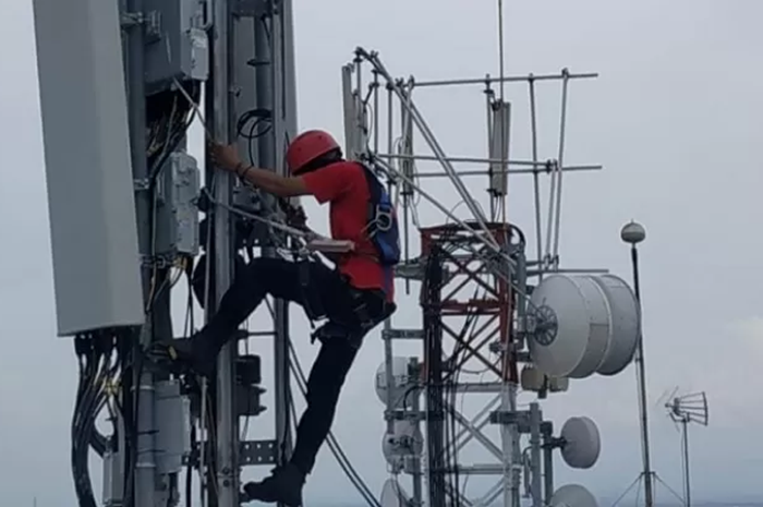 Petugas PLN sedang memperbaiki jaringan.