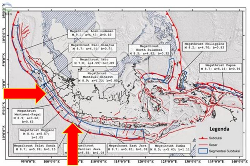 Peta zona Megathrust Mentawai-Siberut, Megathrust Selat Sunda, dan 11 zona megathrust lainnya di wilayah Indonesia (Pusat Gempa Bumi dan Tsunami BMKG)