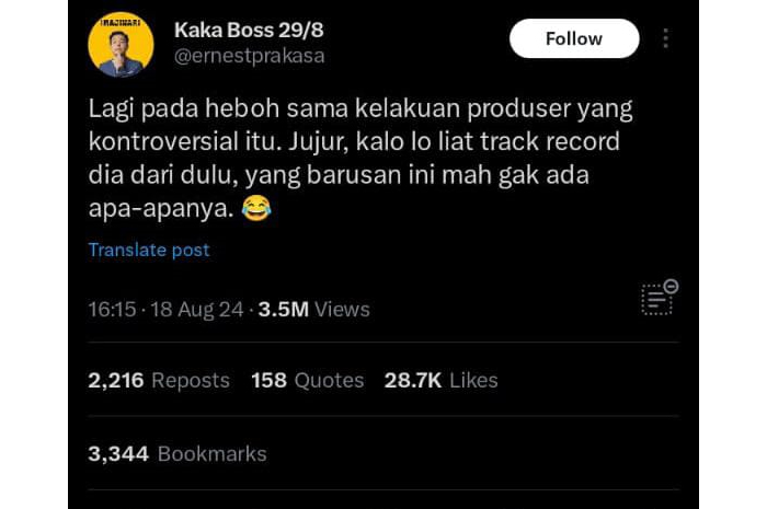 Cuitan Ernest mengenai kontroversi yang sedang ramai (x@ernestprakasa)