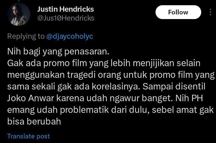 Cuitan pemilik akun @Jus10Hendricks tentang rumah produksi  Dee Company
