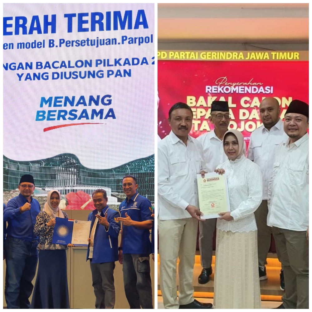 DUA PARPOL: PAN dan Gerindra secara resmi memberikan rekomendasi dokumen model B1-KWK kepada bapaslon Ika Puspita Sari dan Rachman Sidharta Arisandi di tempat yang berbeda, Rabu (21/8/2024).