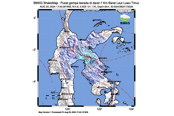 Pusat gempa berada di daratan dengan kedalaman 7 kilometer Barat Laut Luwu Timur, Sulawesi Selatan pada 23 Agustus 2024 pukul 17:30:28 WIB di Lintang Selatan 2.52 - Bujur Timur 121.17