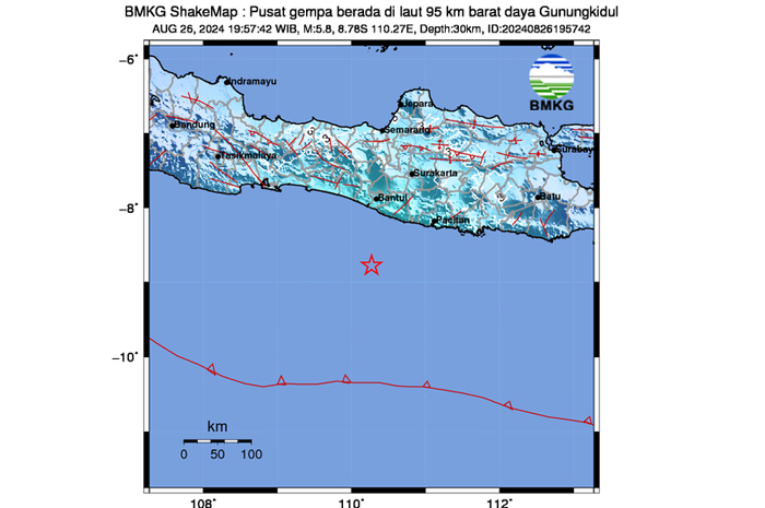 Gempa bumi melanda Gunung Kidul, Yogyakarta, Senin (26/8) malam.