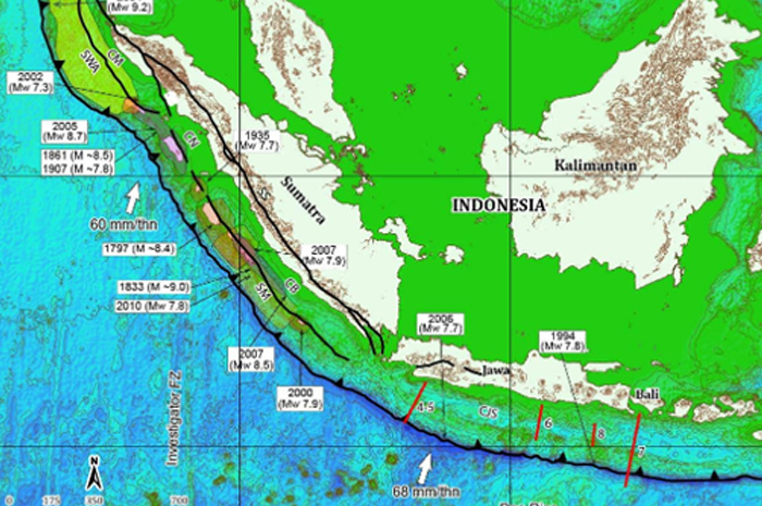 Bidang megathrust seukuran Pulau Jawa. Getarannya diprediksi sangat dahsyat. (website vsi.esdm.go.id)