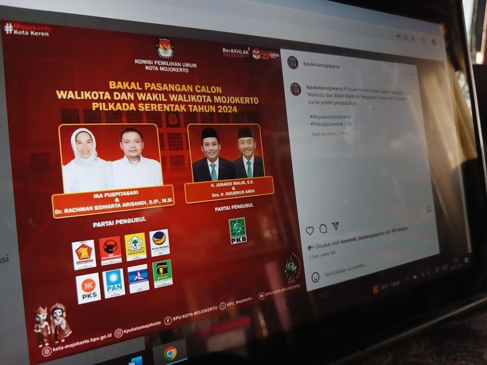 KANDIDAT: Dua bapaslon Pilwali Kota Mojokerto 2024 yang diunggah di akun resmi KPU Kota Mojokerto.