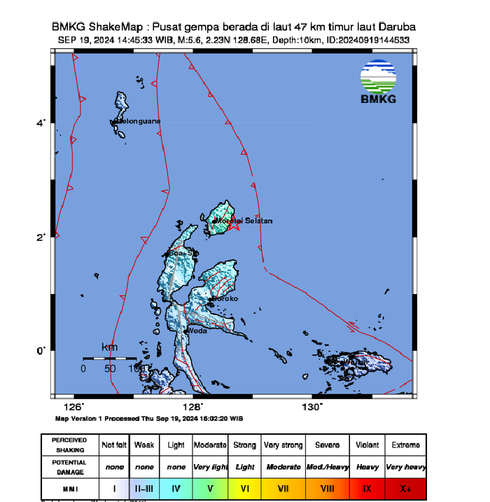 Gempa bumi berkekuatan magnitudo 5,6 guncang Daruba, Maluku Utara (sumber X @infoBMKG)