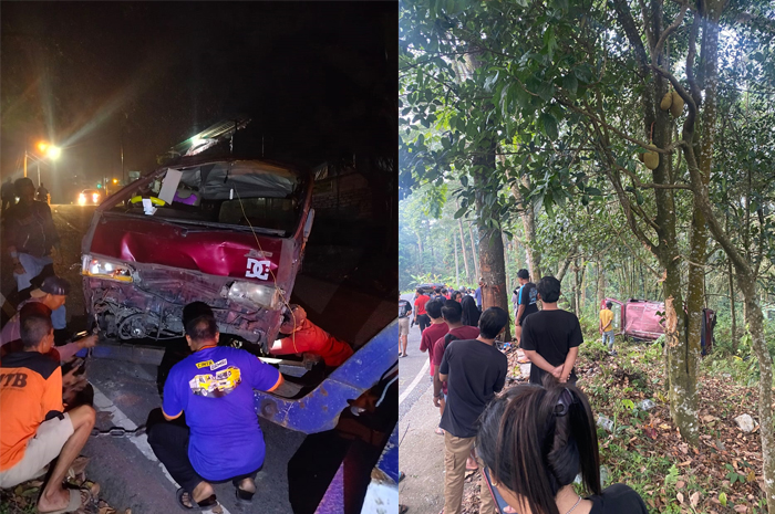 TERGULING: Mobil Daihatsu Zebra nopol N 389 H terguling setelah alami rem blong hingga masuk ke jurang turunan Lorokan, Desa/Kecamatan Pacet, Kabupaten Mojokerto, Rabu (13/11).