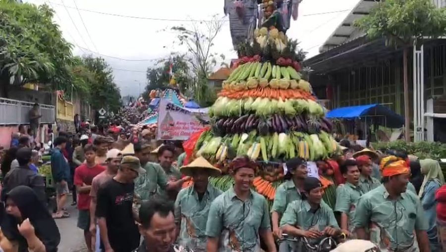 TRADISI: Pawai gunungan hasil tani mewarnai sedekah bumi di Desa Jatijejer, Kecamatan Trawas, Kabupaten Mojokerto, Sabtu (1/2).
