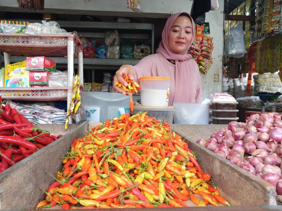 KIAN MAHAL: Pedagang cabai rawit di Pasar Tanjung Anyar, Kota Mojokerto, sedang menata dagangannya, kemarin (20/2).