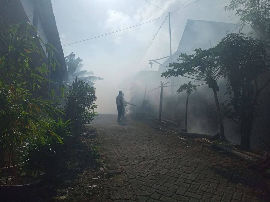 GERAK CEPAT: Petugas dari UPT Puskesmas Ngoro dan perangkat Desa Kesemen melakukan fogging di Dusun Mojo.
