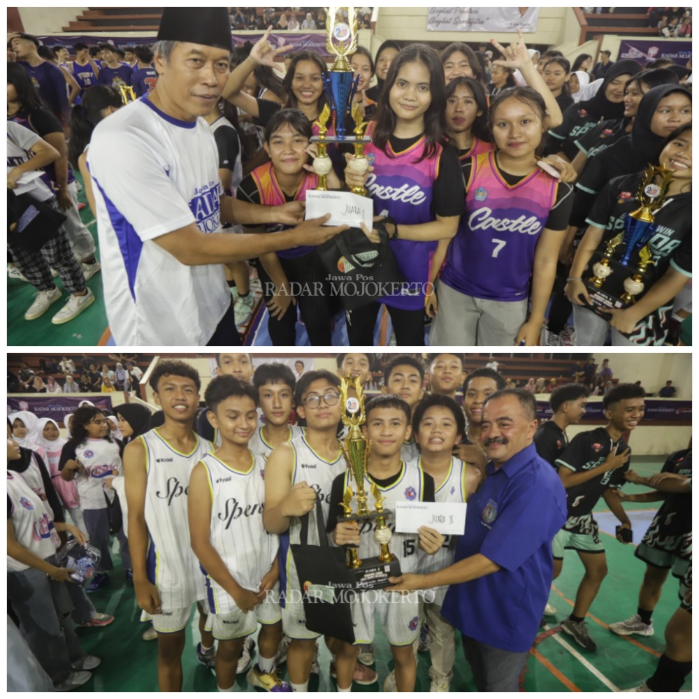ATAS: Direktur Jawa Pos Radar Mojokerto (JPRM) M. Nur Kholis menyerahkan piala juara pertama ke Tim SMAN 1 Puri. BAWAH: Ketum Perbasi Kota Mojokerto Agus Wahyudi serahkan piala ke juara 1 SMPN 2 Kota