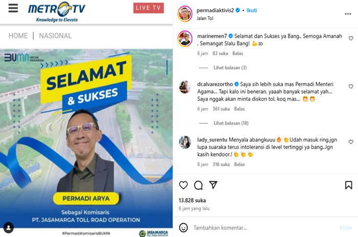 Ramai Diperbincangkan, Permadi Arya Diangkat Menjadi Komisaris PT Jasamarga Tollroad Operation, Ini Faktanya