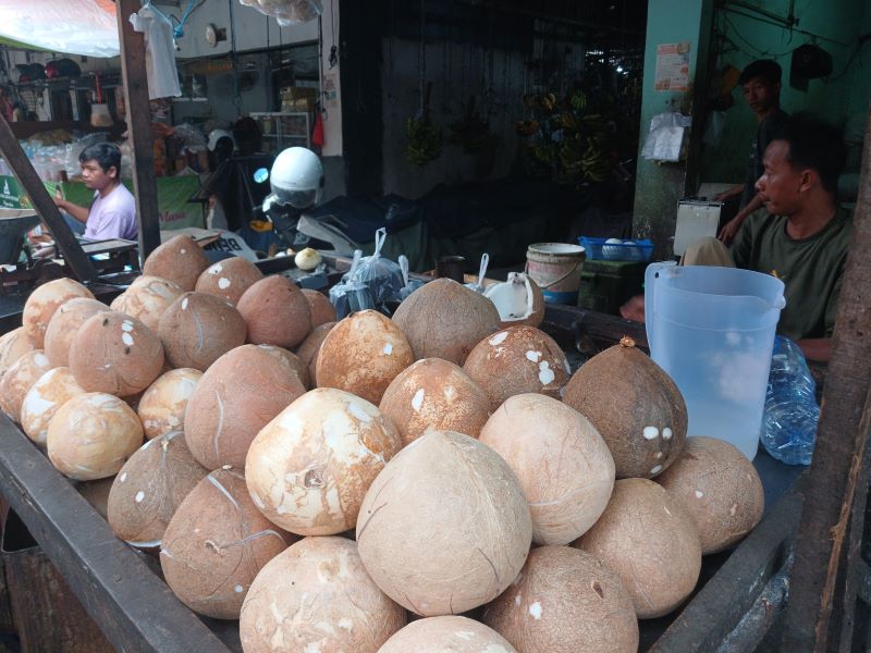 SEDANG MAHAL: Pedagang menjual kelapa di Pasar Tanjung Anyar, Kota Mojokerto, kemarin (20/4).