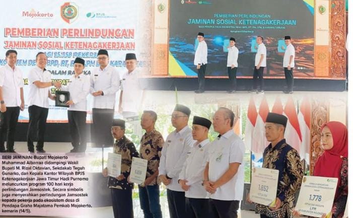 Realisasi Program: Bupati Mojokerto Muhammad Albarraa didampingi Wakil Bupati M. Rizal Oktavian dan Kepala Kantor Wilayah BPJS Ketenagakerjaan Jawa Timur Hadi Purnomo menyerahkan perlindungan jaminan