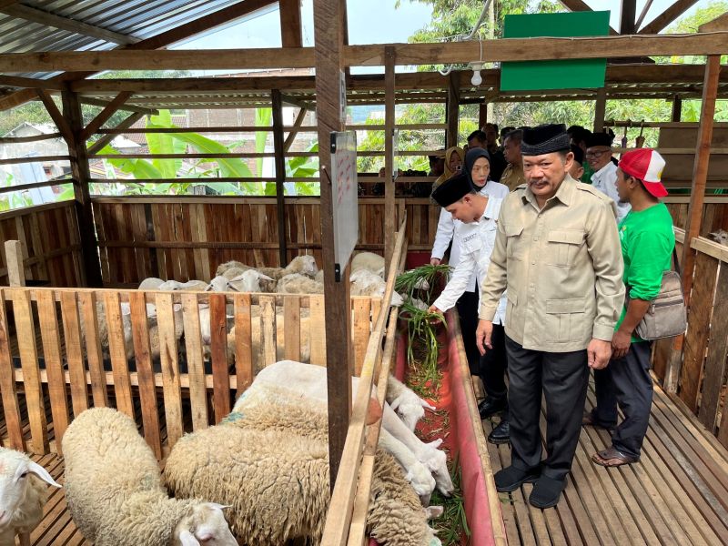 POTENSIAL: Pimpinan Baznas RI bersama Bupati Mojokerto Muhammad Albarraa mengunjungi kandang komunal yang disumbangkan kepada peternak di Desa Tamiajeng, Kecamatan Trawas, 29 April lalu.