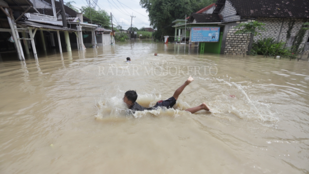 Seorang bocah berenang di tengah banjir di Dusun Klanting, Desa Pulorejo, Kecamatan Dawarblandong, Kabupaten Mojokerto, Senin (9/6).