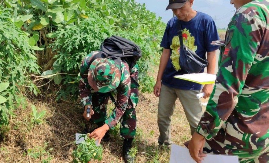 PENANDA WILAYAH: Pemasangan titik pilar penegasan batas di Desa Sukoanyar, Kecamatan Ngoro, bersama anggota Topdam V/Brawijaya.