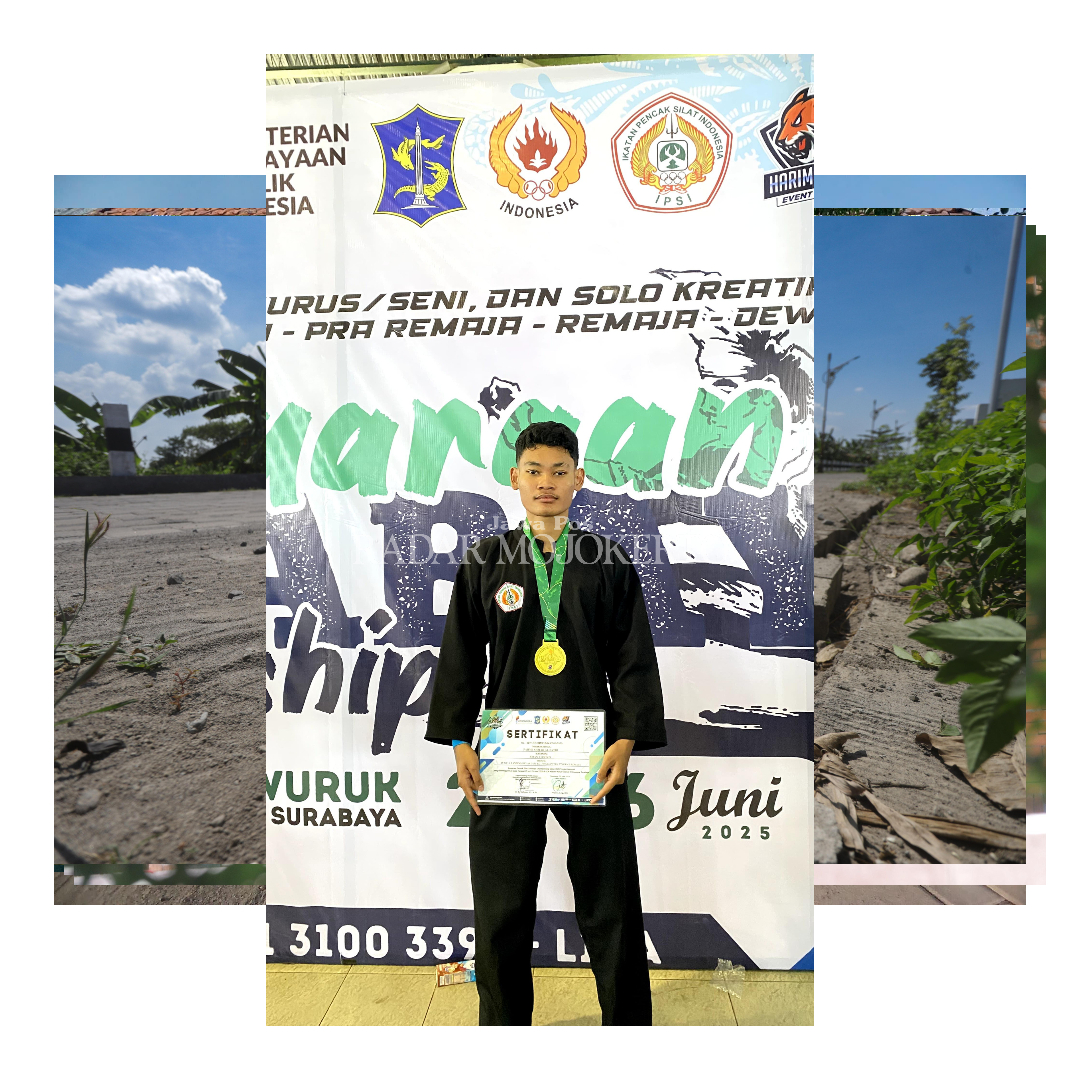 MEMBANGGAKAN: Fahmi Ahmad Al Fatih pelajar SMAN I Sooko sabet juara I Kejuaraan Pencak Silat Surabaya Championship Tahun 2025, 25 Juni lalu.