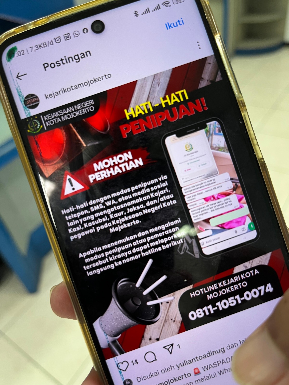 Kejari Kota Mojokerto mengeluarkan imbauan melalui akun instagramnya terhadap maraknya aksi penipuan yang menyasar sejumlah pejabat di lingkungan Pemkot Mojokerto.