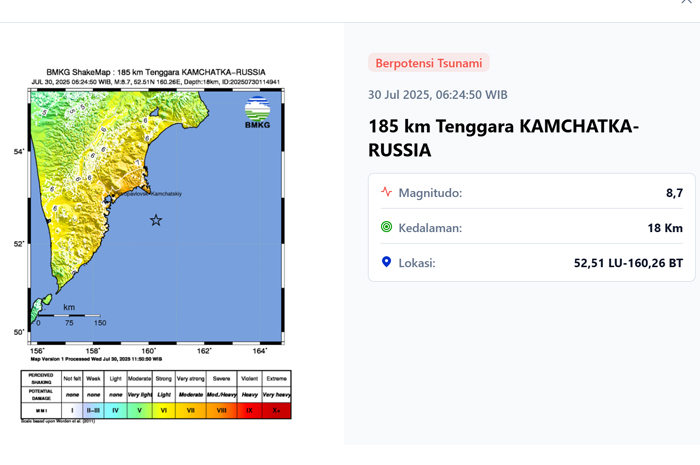 Imbas Gempa Magnitudo 8,7 di Kamchatka Rusia, BMKG Menetapkan Status Waspada di Beberapa Wilayah Indonesia (bmkg.go.id)