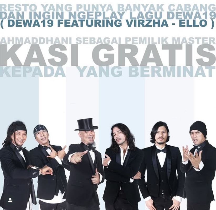 Postingan instagram pribadi Ahmad Dhani yang menggratiskan penggunaan lagu ciptaannya.
