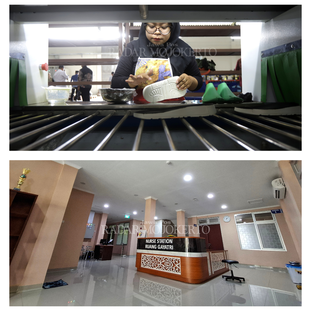 Foto atas: Seorang pekerja tengah menggunakan mesin alas kaki di Sentra IKM Alas Kaki Jalan Surodinawan. (Foto bawah) Gedung Gayatri RSUD Wahidin Sudiro Husodo Kota Mojokerto.